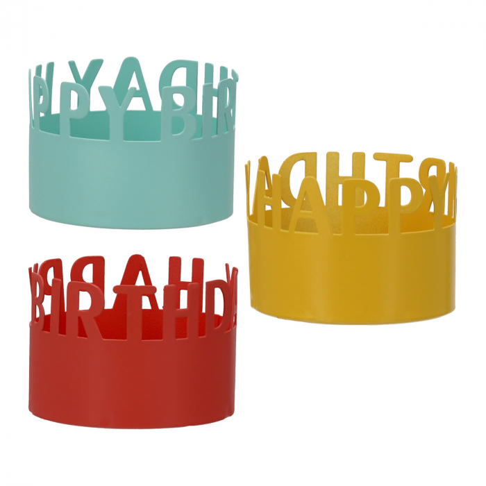 Suport lumanare, rotund, Felicitări, Saying, Metal, albastru, roșu, galben, PU 18, 3 buc. asortate, H. 3,5 cm, D. 5,2 cm [1]