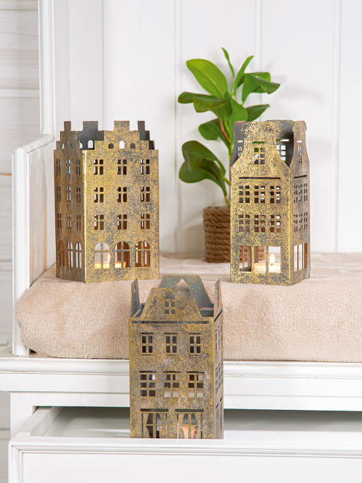 Suport lumanare tip tealight, Casa, "Häuserreihe", Motiv Casa, Metal, auriu, PU 6, Asortat de 3 ori, L. 9 cm, L. 9 cm, H 18 cm [1]