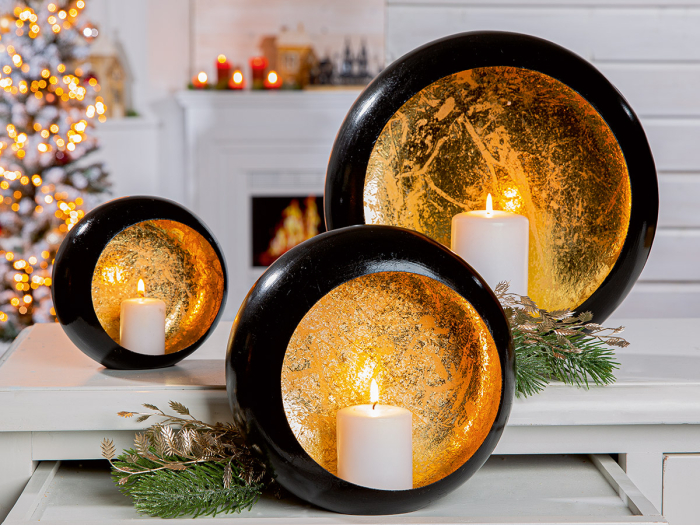 Suport lumanare tip tealight, rotund, „Mystique”, Metal, negru, auriu, PU 3, L. 8,5 cm, latime 22 cm, inaltime 23 cm [1]