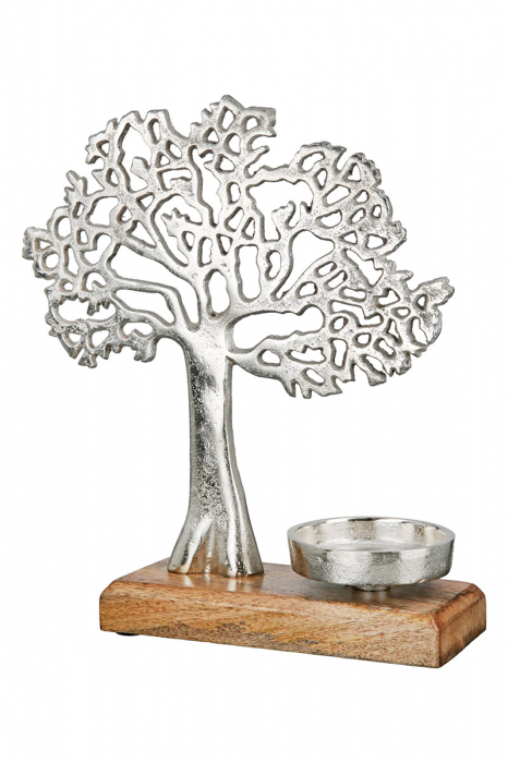 Suport lumanare Tree, Aluminiu Lemn, Argintiu Maro, 8x23x26 cm