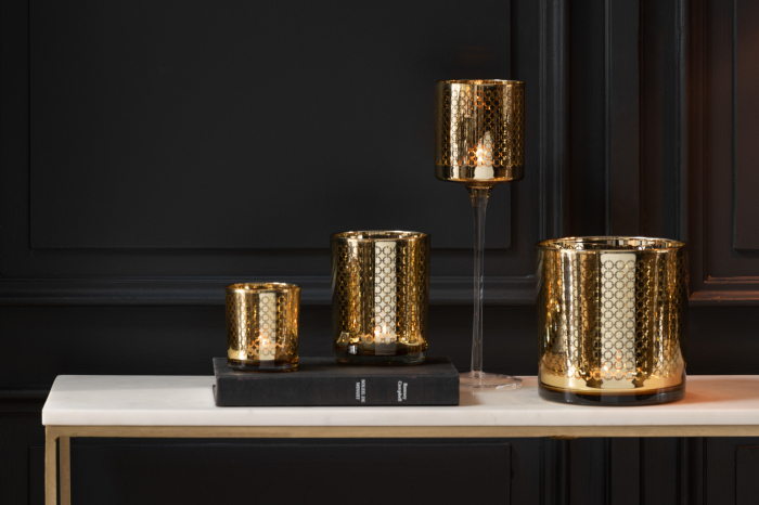 Suport lumanari, Sticla, Auriu, 7x7x8 [5]