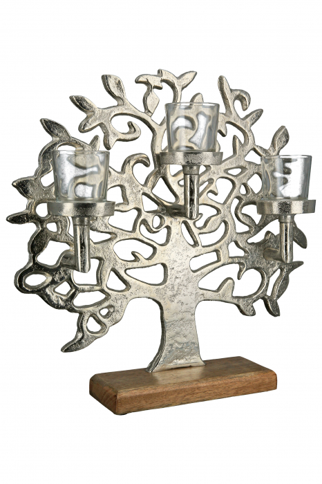 Suport lumanari Tree of Life, Aluminium, Argintiu, 36x38x11 cm