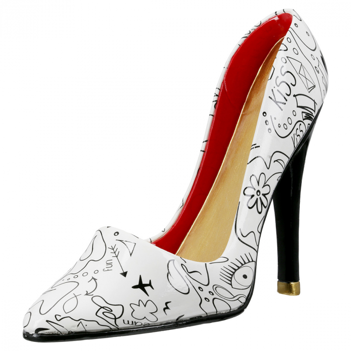Suport sticle, Toc înalt, Pantof, Pompe de artă modernă, Design cu o singură linie, Polirășină, alb, PU 2, L. 9 cm, L. 23 cm, H. 19 cm [1]