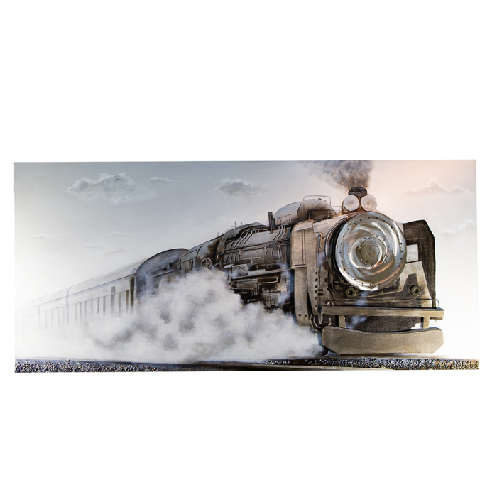Tablou 3D Train, panza, alb argintiu gri negru, 180x80 cm