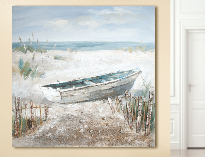 Tablou Boat at beach, panza, multicolor, 100x100x2.8 cm