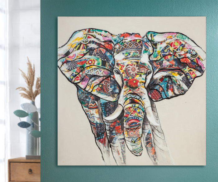 Tablou Colorful Elephant, Canvas cu rama lemn, Multicolor, 100x100x3.7 cm [2]