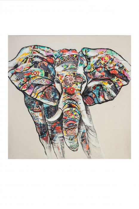 Poza Tablou Colorful Elephant, Canvas cu rama lemn, Multicolor, 100x100x3.7 cm