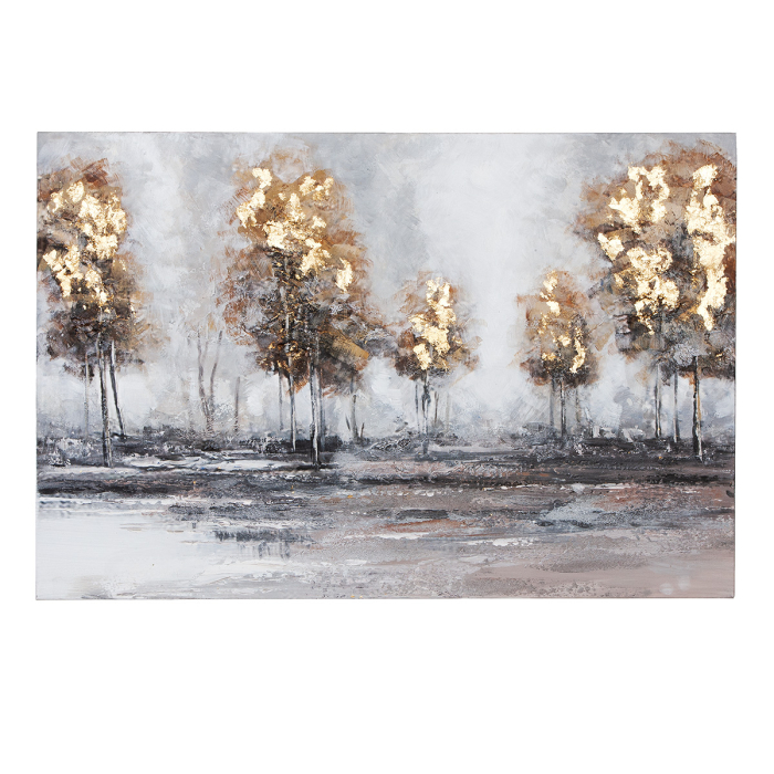 Tablou, dreptunghiular, „Waldlightung”, motiv padure, panza, gri, auriu, PU 1, L. 3,5 cm, l. 120 cm, H 80 cm [1]