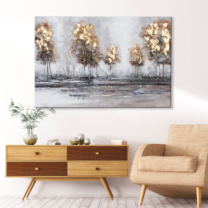 Tablou, dreptunghiular, „Waldlightung”, motiv padure, panza, gri, auriu, PU 1, L. 3,5 cm, l. 120 cm, H 80 cm [3]