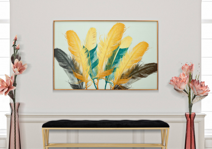 Poza Tablou Feathers, Sticla Aluminiu Hartie, Multicolor, 80x120x3.5 cm