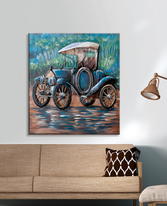 Tablou lucrat manual OLDTIMER III, metal, 60x60x6 cm