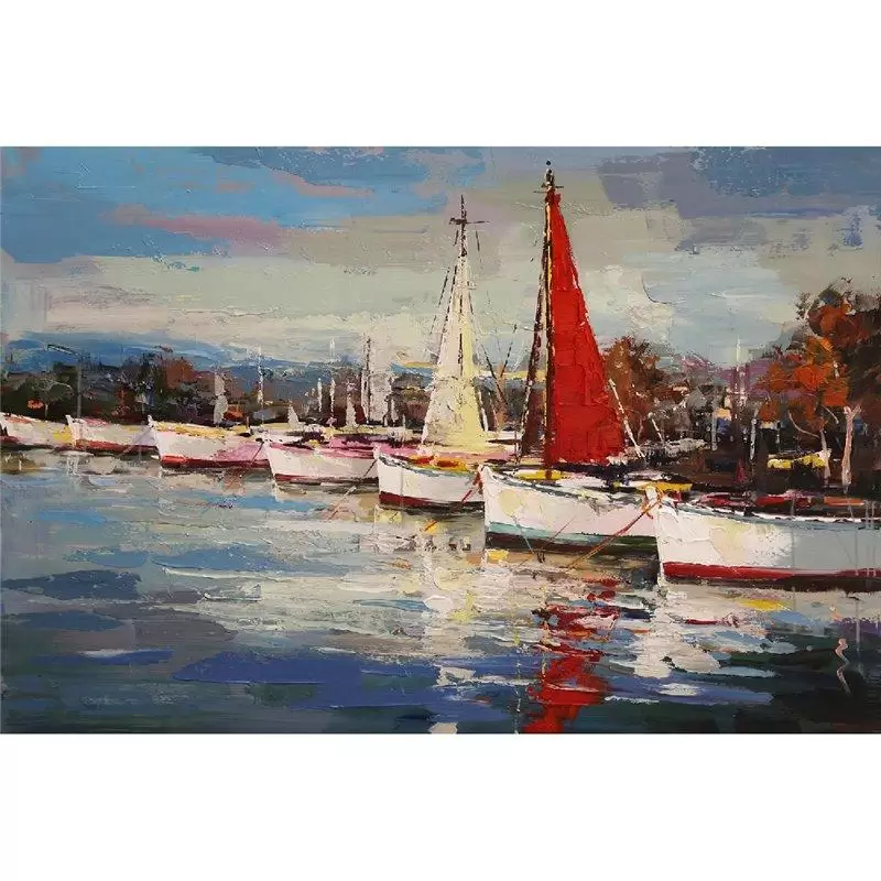 Tablou pictat manual Boats in Harbor 90 x 120 cm lotusland.ro imagine 2022