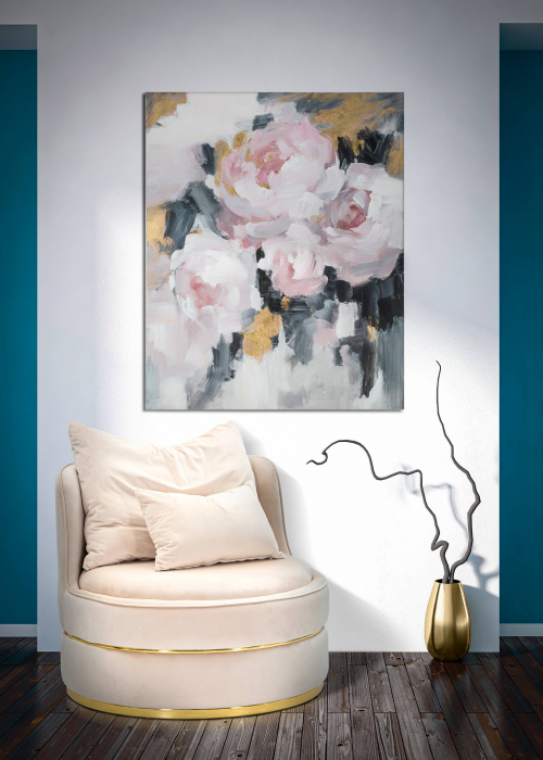 Tablou pictat manual Pink Flower, Lemn Canvas, Multicolor, 100x80x3.7 cm lotusland.ro imagine 2022