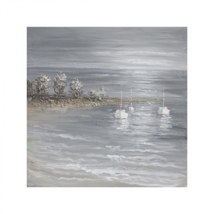 Tablou pictat manual SEASIDE GREY 3 BOATS, 100x100 cm