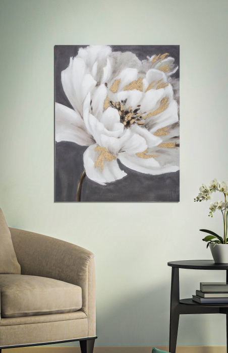 Poza Tablou pictat manual White Gold Flower, Lemn Canvas, Multicolor, 100x80x3.7 cm