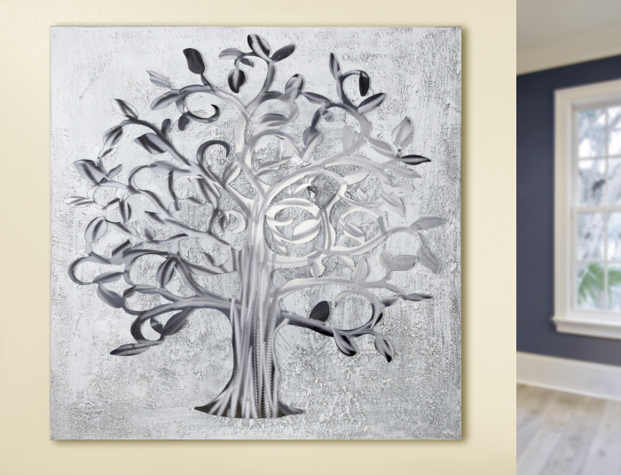 Tablou Tree of Life, panza, gri argintiu, 90x90x3 cm GILDE imagine 2022