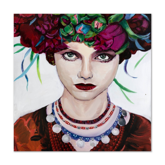 Tablou Woman with flower hat pictat manual