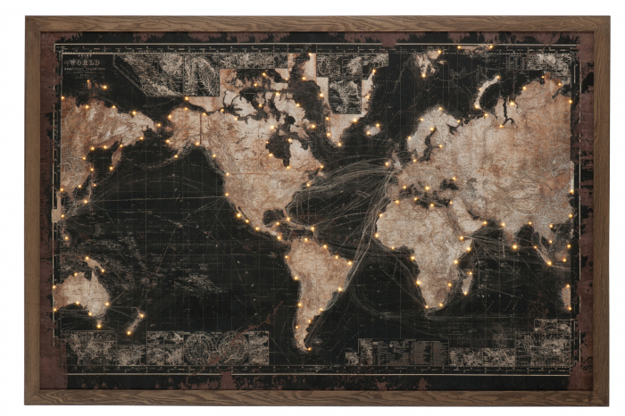 Tablou World Map cu LED, Lemn, Maro/Negru, 175x5x116 cm [2]