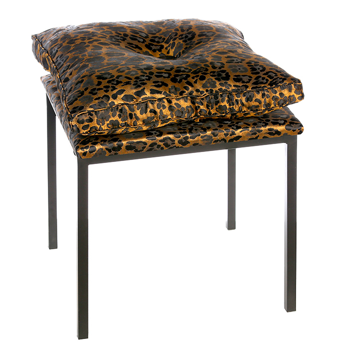 Taburet Loft imprimeu negru auriu leopard, metal textil, 43x43x52 cm