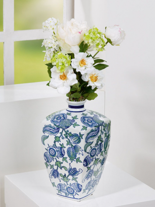 Vaza FAIENCE, ceramica, pictata manual, albastru floral, 31x17,5 cm