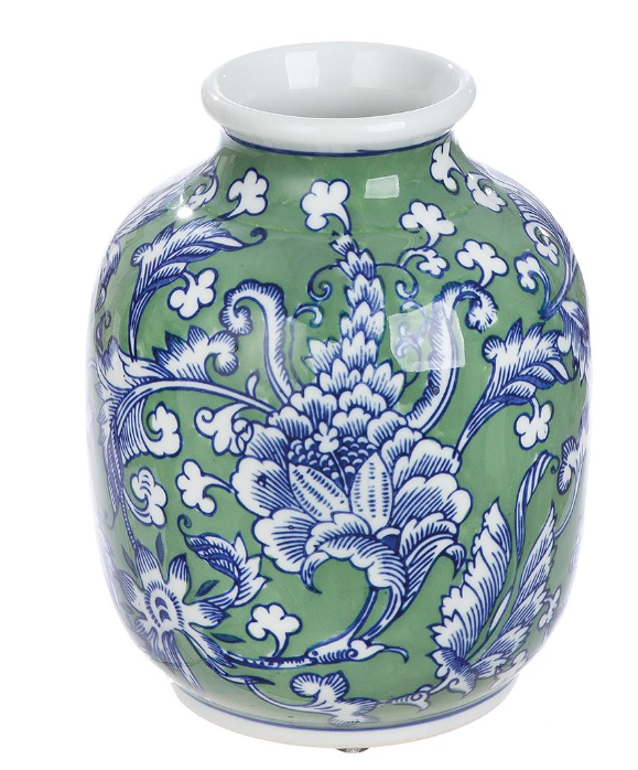 Vaza FAIENCE, ceramica, pictata manual, albastru verde floral, 20x16,5 cm