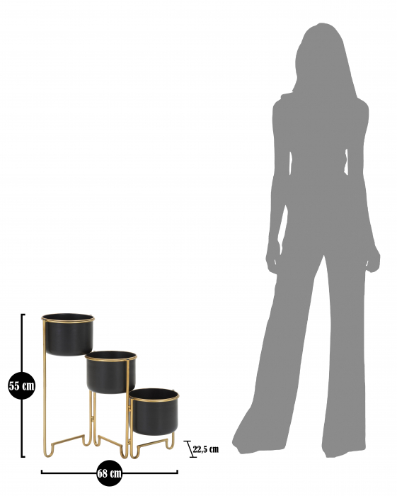 Set 3 ghivece cu suport, Fier, Negru/Auriu, 55x68x22,5 cm [9]