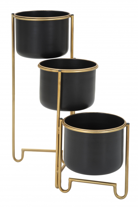 Set 3 ghivece cu suport, Fier, Negru/Auriu, 55x68x22,5 cm [2]