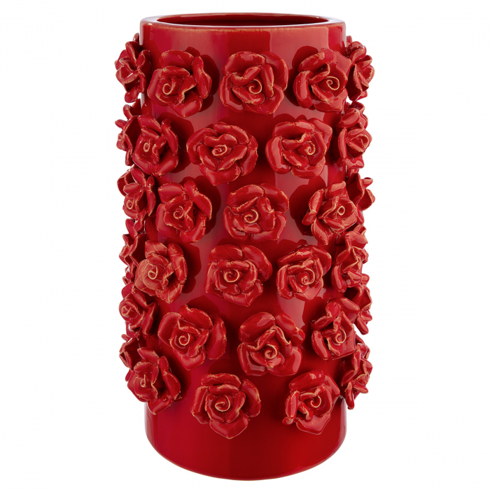 Vază, Sferă decorativă, cilindrică, motiv trandafiri, ceramică, roșu, PU 1, H 31 cm, D 17 cm [1]