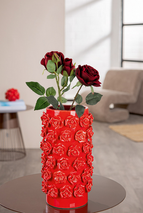 Vază, Sferă decorativă, cilindrică, motiv trandafiri, ceramică, roșu, PU 1, H 31 cm, D 17 cm [4]