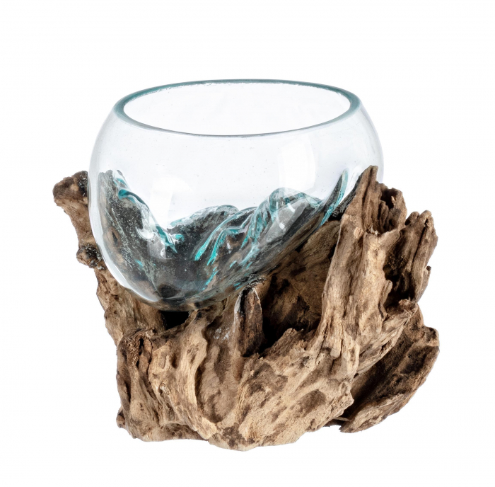 Vaza turnata pe lemn, Lemn Sticla, Transparent Natural, 13x15x20 cm