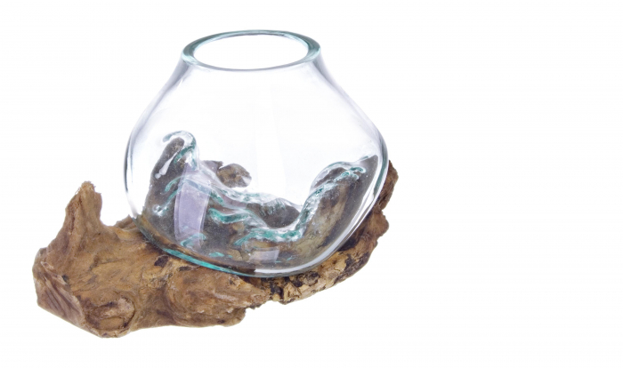 Vaza turnata pe lemn, Lemn Sticla, Transparent Natural, 20x15x13 cm