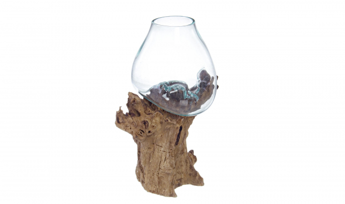 Vaza turnata pe lemn, Lemn Sticla, Transparent Natural, 20x20x38 cm Bizzotto