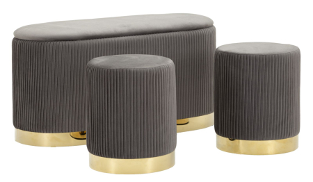 SALE % - Bancheta cu spatiu depozitare si puf, gri, set de 3, 80x37x42-29x35 cm