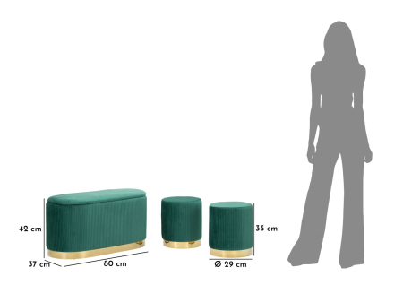 Bancheta cu spatiu depozitare si puf, verde, set de 3, 80x37x42-29x35 cm [9]
