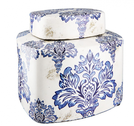 Black Friday 2025 - Bol cu capac FAIENCE, ceramica, pictata manual, albastru floral, 15,5x17 cm