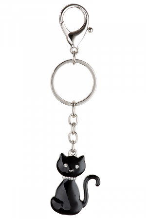 Accesorii - Breloc Cat, Metal, Argintiu/Negru, 3.5x8 cm