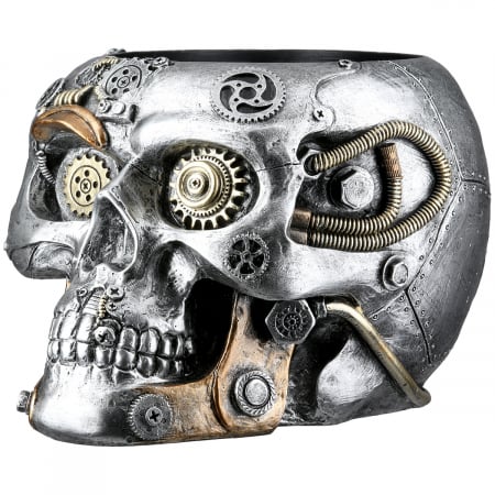 SALE % - Cachepot, Skull, Steampunk skull planter, Motiv Gear, Polyresin, argintiu, PU 1, L. 23 cm, L. 17,5 cm, H. 14 cm