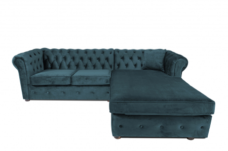 Canapea 2 locuri extensibila cu sezlong Chesterfield, albastru verzui, 245x85/175x70 cm [1]