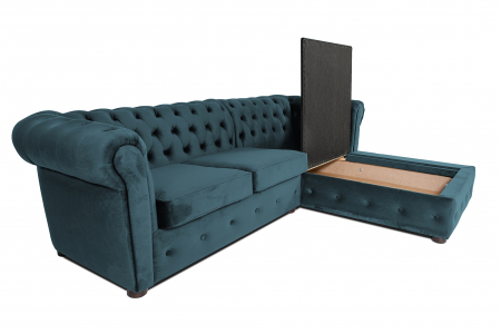 Canapea 2 locuri extensibila cu sezlong Chesterfield, albastru verzui, 245x85/175x70 cm [3]