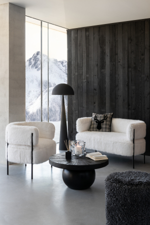 LIVING - Canapea 2 locuri Teddy, picioare metalice, lemn, alb