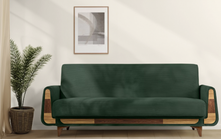 Canapele - Canapea extensibila 3 locuri GUSTAVO, Lemn/Stofa, Verde inchis cu striatii, 230x98x98 cm