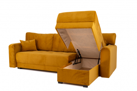 Canapea coltar OSCAR, 2 locuri extensibila, cu sezlong, spatiu depozitare Chesterfield, galben catifea, 245x85 cm [3]
