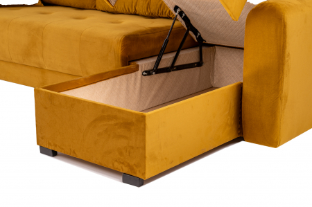 Canapea coltar OSCAR, 2 locuri extensibila, cu sezlong, spatiu depozitare Chesterfield, galben catifea, 245x85 cm [4]