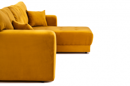 Canapea coltar OSCAR, 2 locuri extensibila, cu sezlong, spatiu depozitare Chesterfield, galben catifea, 245x85 cm [15]