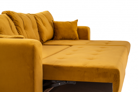 Canapea coltar OSCAR, 2 locuri extensibila, cu sezlong, spatiu depozitare Chesterfield, galben catifea, 245x85 cm [1]