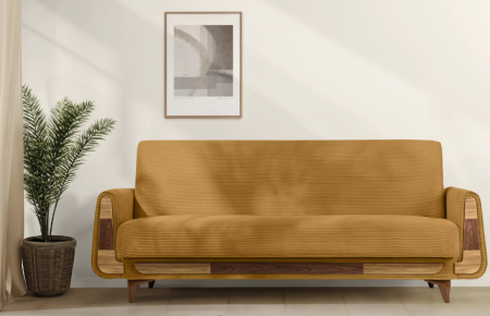 Canapele - Canapea extensibila 3 locuri GUSTAVO, Lemn/Stofa, Galben cu striatii, 230x98x98 cm
