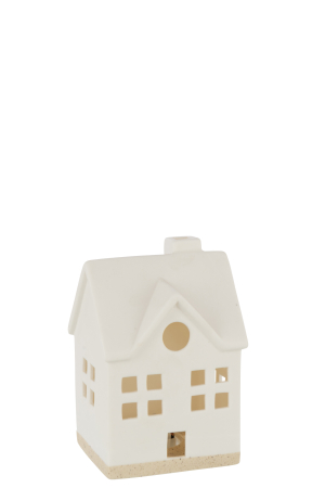 SALE % - Casa cu LED-uri, 2 ferestre, alb, lut | L 9.5X l 8X H 14.5 cm