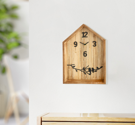 Ceas de perete, Casă, Motiv pasăre, MDF, culori naturale, PU 2, L. 6 cm, L. 22 cm, H 32 cm [3]