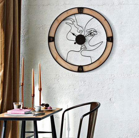 SALE % - Ceas de perete Couple, Fier/Lemn, Negru/Natural, 60x60x3 cm