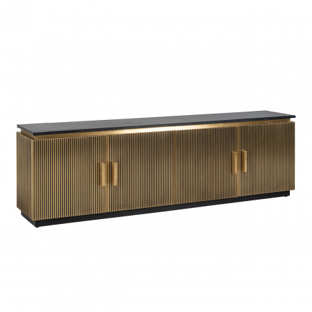 Mese TV - Comoda TV cu 4 usi  Ironville, MDF/Lemn/Metal/Marmura/Fier, Negru/Auriu, 200X45X61